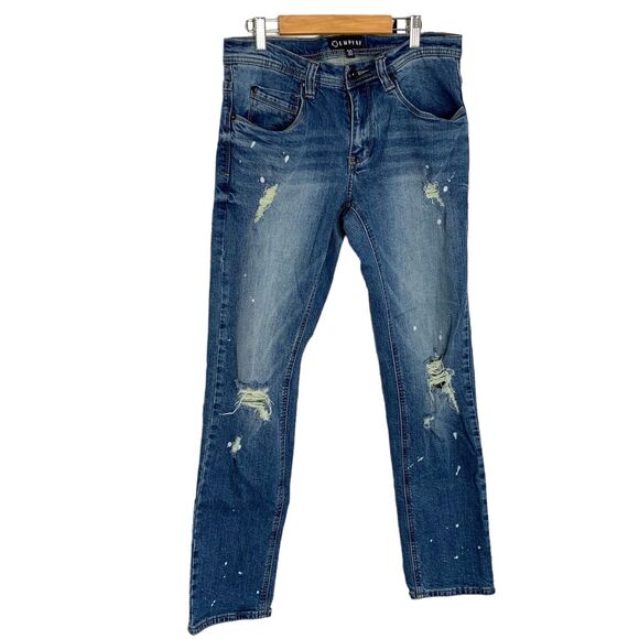 Empyre Jeans Mens Blue Recoil Skinny Jeans 30x29 Distressed Acid Splatter Low - Picture 1 of 12